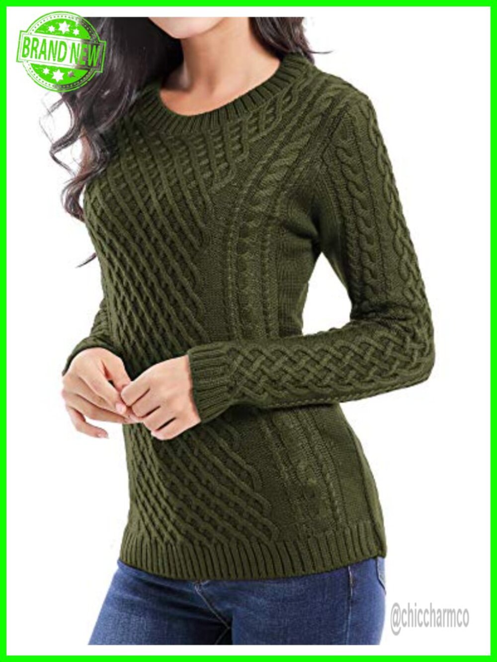 Women's Crew Neck Cable Knit Long Sleeve Pullover Sweater
